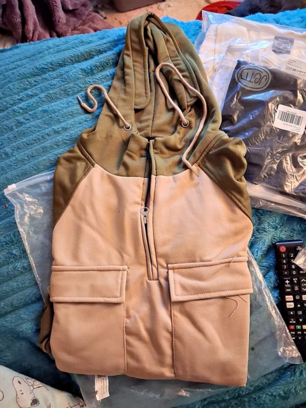 Men's Color Block Hooded Jacket Khaki & Green XL